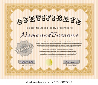 Orange Diploma template or certificate template. With complex background. Money Pattern. Detailed. 