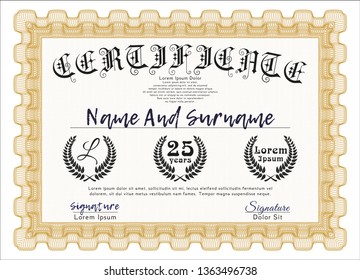 Orange Diploma template or certificate template. Complex background. Detailed. Beauty design. 