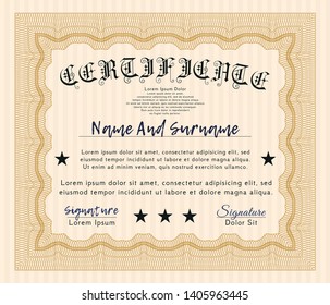 Orange Diploma template or certificate template. Complex background. Superior design. Detailed. 