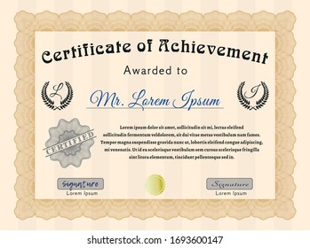 Orange Diploma template or certificate template. With complex linear background. Vector illustration. Beauty design. 