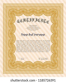 Orange Diploma template or certificate template. Cordial design. With linear background. Detailed. 
