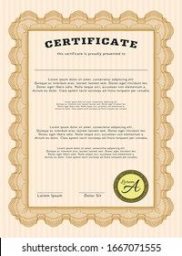 Plantilla de diploma naranja o plantilla de certificado. Personalizable, Fácil de editar y cambiar de color. Con fondo lineal. Diseño de dinero. 