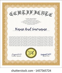 Orange Diploma template or certificate template. Detailed. With complex linear background. Cordial design. 