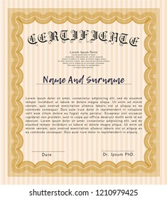 Orange Diploma template or certificate template. Elegant design. Detailed. With quality background. 