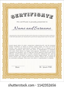 Orange Diploma template or certificate template. With guilloche pattern. Retro design. Vector illustration. 