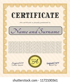 Orange Diploma template or certificate template. With guilloche pattern and background. Customizable, Easy to edit and change colors. Retro design. 