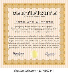 Orange Diploma template or certificate template. With guilloche pattern. Vector illustration. Money design. 