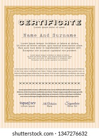 Orange Diploma template or certificate template. With guilloche pattern. Excellent design. Vector illustration. 