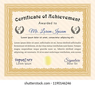 Orange Diploma template or certificate template. With linear background. Money Pattern design. Detailed. 