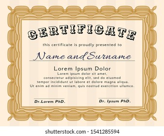 Orange Diploma template or certificate template. With linear background. Nice design. Detailed. 