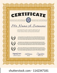 Orange Diploma template or certificate template. Lovely design. With guilloche pattern. Detailed. 