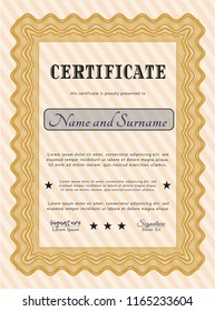 Orange Diploma template or certificate template. Lovely design. Complex background. Vector illustration. 