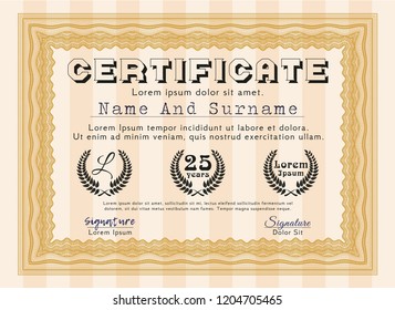 Orange Diploma template or certificate template. Money design. With guilloche pattern. Detailed. 