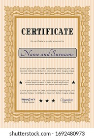 Orange Diploma template or certificate template. Money style design. Detailed. With complex linear background. 