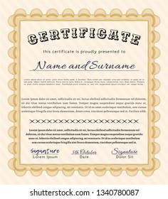 Orange Diploma template or certificate template. Nice design. With guilloche pattern and background. Detailed. 