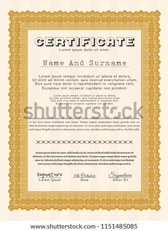 Orange Diploma template or certificate template. Perfect design. Vector illustration. With complex background. 
