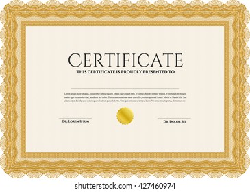 Orange Diploma template or certificate template. With quality background. Vector pattern that is used in money and certificate. Beauty design. 