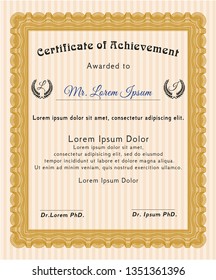 Orange Diploma template or certificate template. Vector illustration. With guilloche pattern and background. Cordial design. 