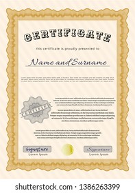 Orange Diploma template or certificate template. Vector illustration. With great quality guilloche pattern. Perfect design. 