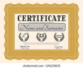 Orange Diploma template or certificate template. Vector illustration. With complex background. Elegant design. 