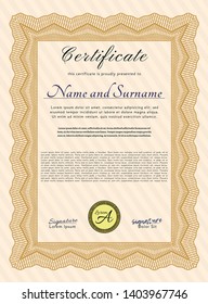 Orange Diploma template or certificate template. Vector illustration. With quality background. Money style design. 