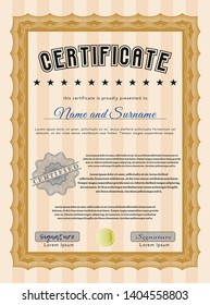 Orange Diploma template or certificate template. Vector illustration. With complex background. Money style design. 