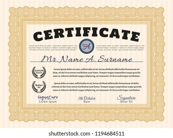 Orange Diploma template. Complex background. Artistry design. Detailed. 