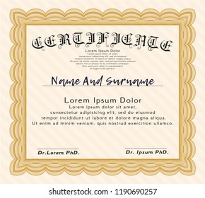 Orange Diploma template. With complex linear background. Money Pattern. Detailed. 
