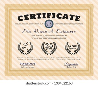 Orange Diploma template. With complex linear background. Detailed. Good design. 