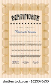 Orange Diploma template. With complex linear background. Cordial design. Vector illustration. 