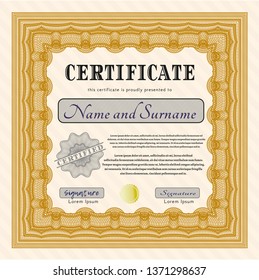 Orange Diploma template. Detailed. With complex linear background. Money Pattern design. 
