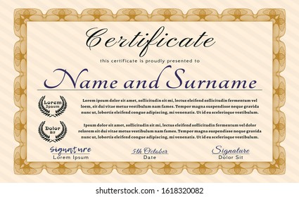 Orange Diploma template. Good design. Vector illustration. With great quality guilloche pattern. 