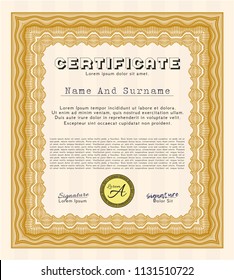Orange Diploma template. With guilloche pattern and background. Lovely design. Vector illustration. 