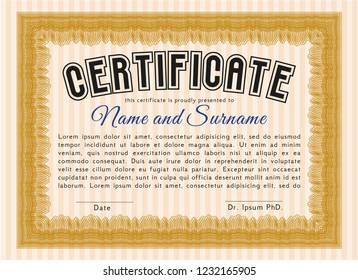 Orange Diploma template. With guilloche pattern. Vector illustration. Sophisticated design. 