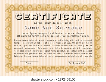 Orange Diploma template. With guilloche pattern. Modern design. Vector illustration. 