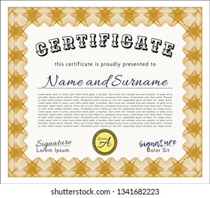 Orange Diploma template. With guilloche pattern. Vector illustration. Nice design. 