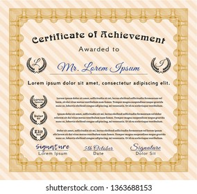 Orange Diploma template. With guilloche pattern and background. Elegant design. Vector illustration. 