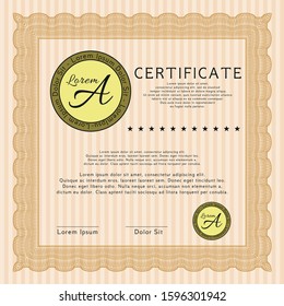 Orange Diploma template. With guilloche pattern and background. Money style design. Vector illustration. 