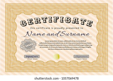 Orange Diploma template. With linear background. Money Pattern design. Vector illustration. 