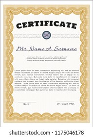 Orange Diploma template. With linear background. Detailed. Money design. 