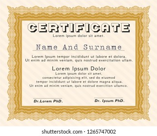 Orange Diploma template. With linear background. Detailed. Money Pattern design. 