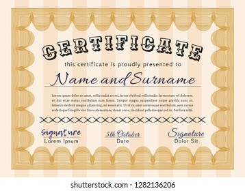 Orange Diploma template. With linear background. Money Pattern. Detailed. 