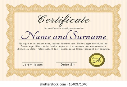 Orange Diploma template. With linear background. Vector illustration. Money Pattern. 