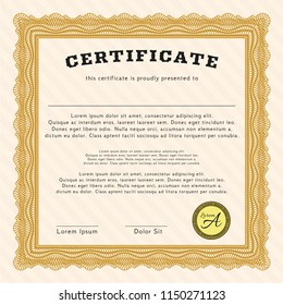 Orange Diploma template. Money Pattern design. With complex background. Vector illustration. 