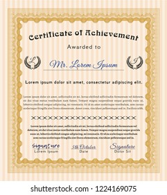 Orange Diploma template. Money Pattern design. Vector illustration. With linear background. 