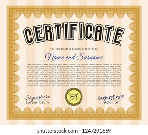 Orange Diploma template. Money Pattern design. Vector illustration. With guilloche pattern and background. 
