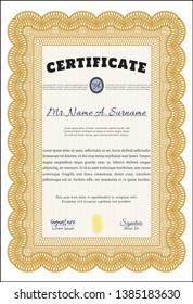 Orange Diploma template. Money Pattern. Detailed. With guilloche pattern and background. 