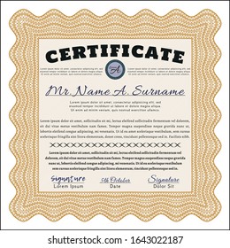 Orange Diploma template. Money Pattern design. With linear background. Vector illustration. 
