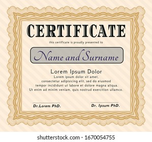 Orange Diploma template. Money Pattern. With background. Detailed. 