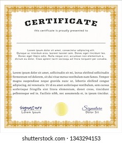 Orange Diploma template. Nice design. With guilloche pattern and background. Detailed. 